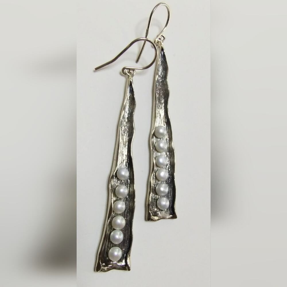 NEW Organic Linear Pearl & Sterling Silver Dangle Pierced Earrings